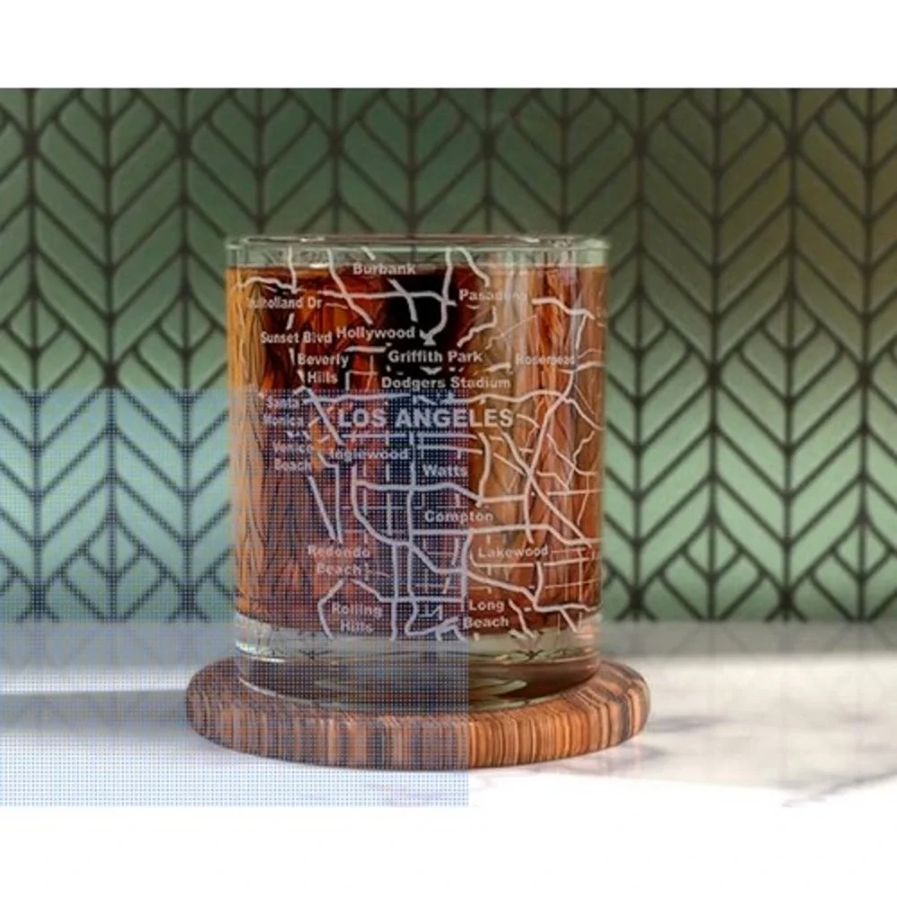 Cocktail Low Ball Glasses‎ Whiskey Tumblers Set Etched Los Angeles LA City Map